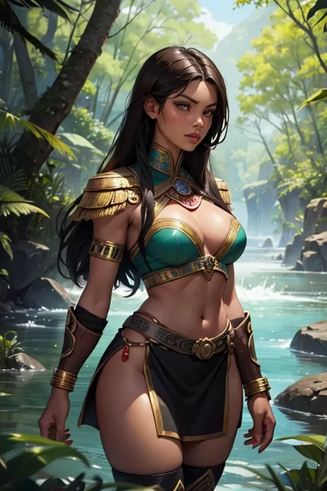 Beautiful Aztec warrior woman; dressed in her war uniform made of jade and obsidian stone; The woman has dark skin, dark brown eyes; straight dark brown hair; medium breasts and shapely legs (not muscular); ready for a battle in the middle of the forest by...