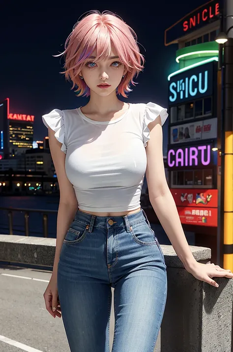 Firm breasts, rainbow hair, short hair, Rainbow straight hair, right blue eye, Red eye on left side, white transparent shirt,  jeans night city,  