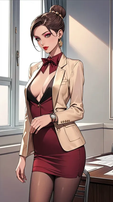 240710B. Masterpiece. A hyper realistic image of Claire. Beautiful woman. ((Perfect body)). Sexy. Slim. ((Solo)). ((Economic Collapse. In the Boardroom with large windows, empty chairs, and scattered papers. Standing confidently by a large window, blazer o...