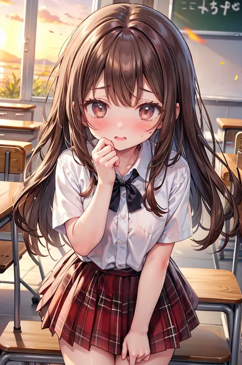 masterpiece, best quality, nsfw,
 2girl, kiss, 
 summer , plaid skirt, brown hair, embarrassed face, 
 classroom, sunset,