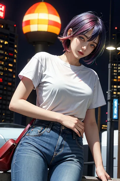 Firm breasts, rainbow hair, short hair, Rainbow straight hair, right blue eye, Red eye on left side, white transparent shirt,  jeans night city,  