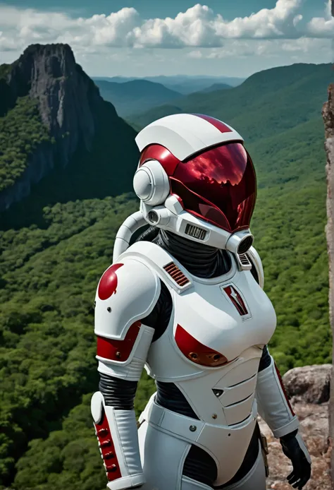 (35mmstyle:1.2), Highly detailed original color photos, Rear Angle, whole body, af (Female space marine, Wearing a white and red spacesuit, Futuristic helmet, Tin plated mask, Rebreathers, accentuated booty), Outdoor, (Stand on the cliffs of the tall Rocky...