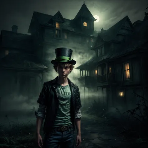 a  teenage boy with pale skin and green eyes wearing a mad hatter green top hat and  wearing jeans and a tshirt, standing in fro...