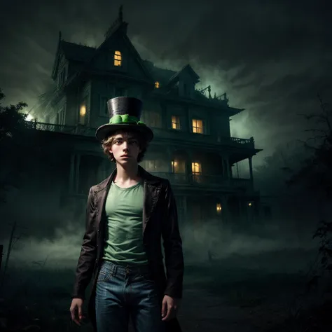 a  teenage boy with pale skin and green eyes wearing a mad hatter green top hat and  wearing jeans and a tshirt, standing in fro...