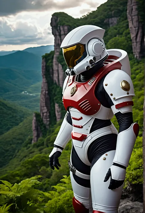 (35mmstyle:1.2), Highly detailed original color photos, Rear Angle, whole body, af (Female space marine, Wearing a white and red spacesuit, Futuristic helmet, Tin plated mask, Rebreathers, accentuated booty), Outdoor, (Stand on the cliffs of the tall Rocky...