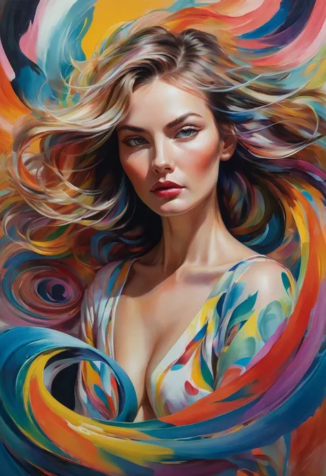 Manon Biernacki-style painting, woman with feline features, surrounded by a swirl of colorful, abstract forms, mid-motion as if caught in a gust, expressive eyes capturing emotion, high saturation, focus on texture of fur and skin, dynamic brushstrokes, vi...