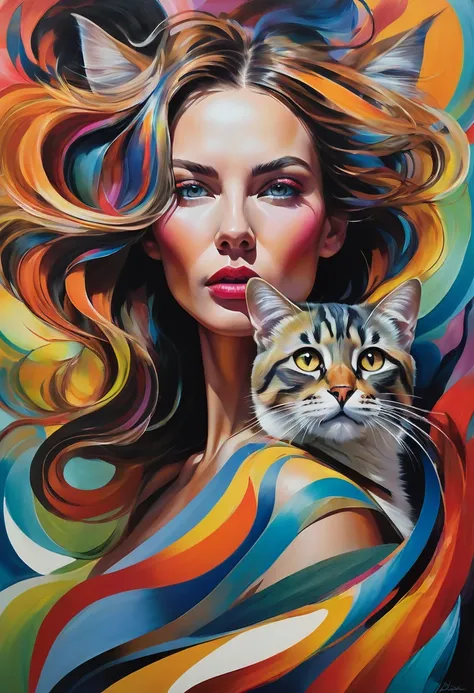 Manon Biernacki-style painting, woman with feline features, surrounded by a swirl of colorful, abstract forms, mid-motion as if caught in a gust, expressive eyes capturing emotion, high saturation, focus on texture of fur and skin, dynamic brushstrokes, vi...