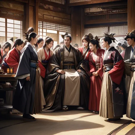 Date Masamune surrounded by several concubines, traditional Japanese clothing, luxurious setting, realistic and detailed"