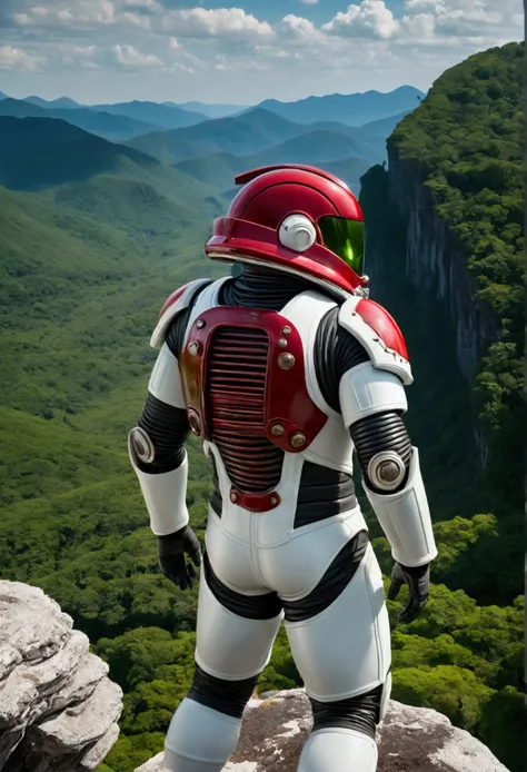 (35mmstyle:1.2), Highly detailed original color photos, Rear Angle, whole body, af (Male space marine, Wearing a white and red spacesuit, Futuristic helmet, Tin plated mask, Rebreathers, accentuated booty), Outdoor, (Stand on the cliffs of the tall Rocky M...