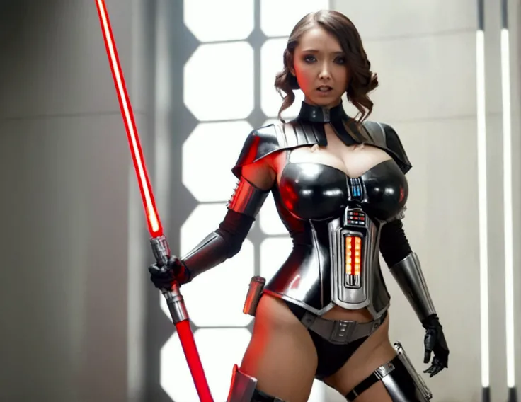 A cute woman (age 25, sexy Darth Vader outfit) is wielding one red light saber. She is battling her way through battle droids and Rebel soldiers. Menacing poses, sci fi horror
