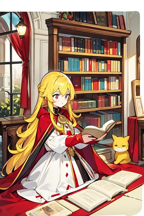 women, long yellow hair, Red hood, red cape, White dress, with a book