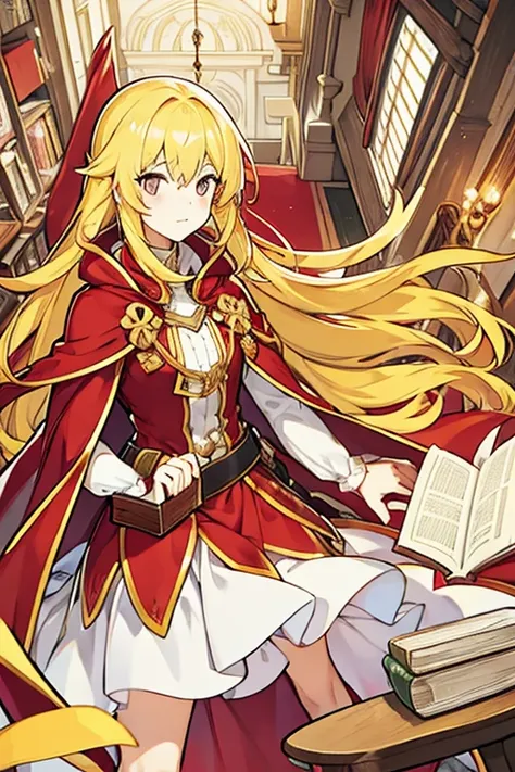 women, long yellow hair, Red hood, red cape, White dress, with a book