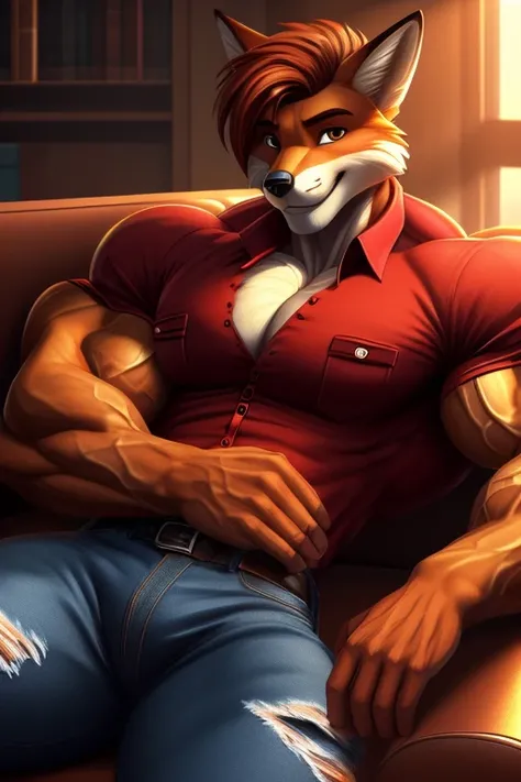 a detailed picture of a male anthro, slim body, soft features, laying back on a leather couch,trending on artstation, fox, (gentle smile, teasing expression), ((wearing a thight red button shirt, denim jeans)), orange-brown fur, looking at the viewer,(brow...