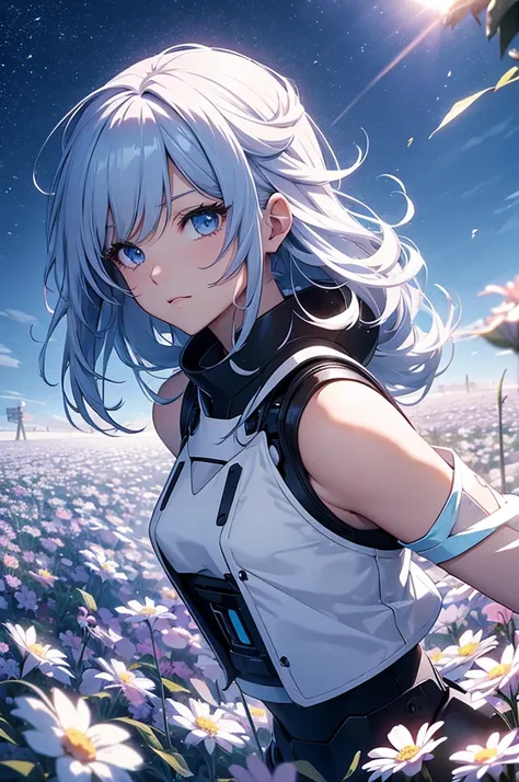 a beautiful anime  ,  in robotic  crop sleeveless  top , ,   , , in a icy flower field , , at morning , stylish , , anime
