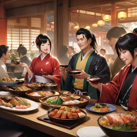 "Date Masamune at a banquet, holding a sake cup, realistic depiction of a lively traditional Japanese feast, detailed background"