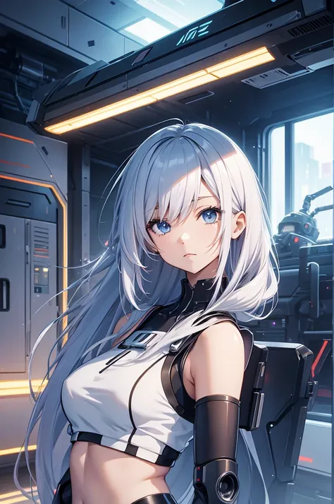 a beautiful anime  ,  in robotic  crop sleeveless  top , ,  long hair  , cute  ,  in a futuristic room  ,  , stylish , , anime
