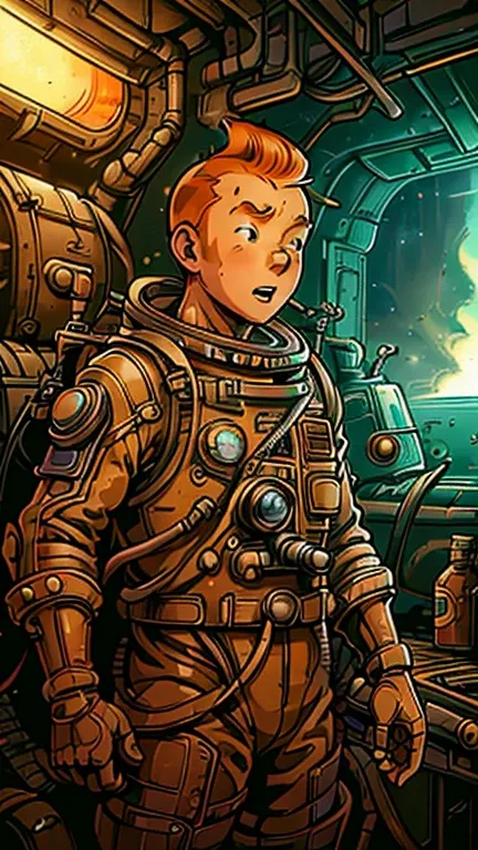 (Teens:1boy: Tintin), (extremely detailed CG unit 8k wallpaper),(master part), (best quality), (ultra detali), (best illustration),(SteampunkAI), cowboy shot, (Sharp eyeliner, ombre, detailed eyes:1),Dark midnight derelict spaceship interiors background, ,...