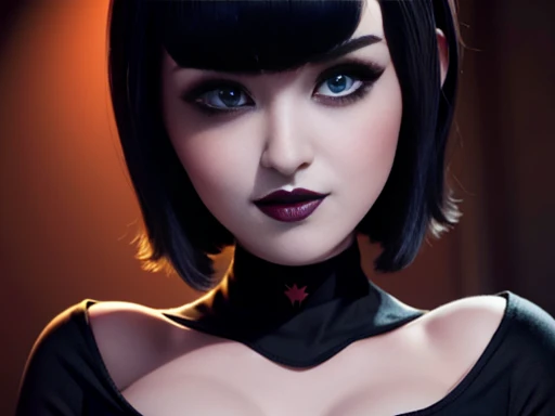 High graphic quality image, mavis dracula, (Hotel_transylvania) short black hair with bob bangs blue eyes white skin eyeliner , voluminous lips and black lipstick, 