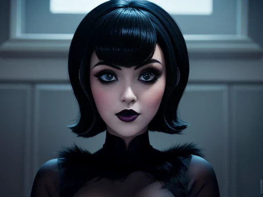 High graphic quality image, mavis dracula, (Hotel_transylvania) short black hair with bob bangs blue eyes white skin eyeliner , voluminous lips and black lipstick, 