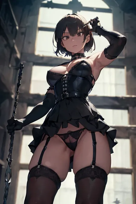 (((Highest quality)), ((masterpiece)), (detailed), prison, One girl, bare shoulders, femdom, dominatrix, black bustier, black stockings, black g-string, black high heels, black garter belt, black elbow gloves, ass pov, ((((from below)))), looking at viewer...