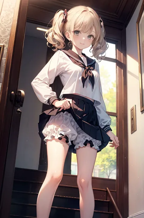 (masterpiece), 4K,woman,Long sleeve sailor suit,Small breasts,Small Ass,Curly Twin Tails,Light bulb lighting,Realistic, skinny, A big smile,Frill Bra,((,Bloomers under a skirt)),Standing on the stairs,((Knee-length frill skirt)),Angle from directly below