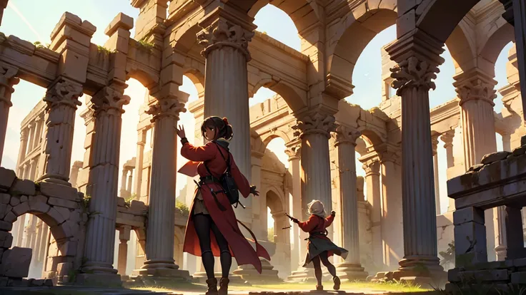 The girl happily casts light magic at the ancient ruins