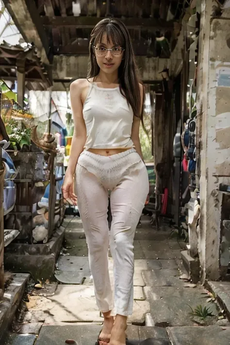 A sweet beautiful young Bogor city girl, 25  years old, sweet georgeus round childish face, white pale skins, big wide forehead, cute little hawk  nose, big round eyes,  dark big mole under her eyes, very slim little  body, slim legs, very slim buttock, st...