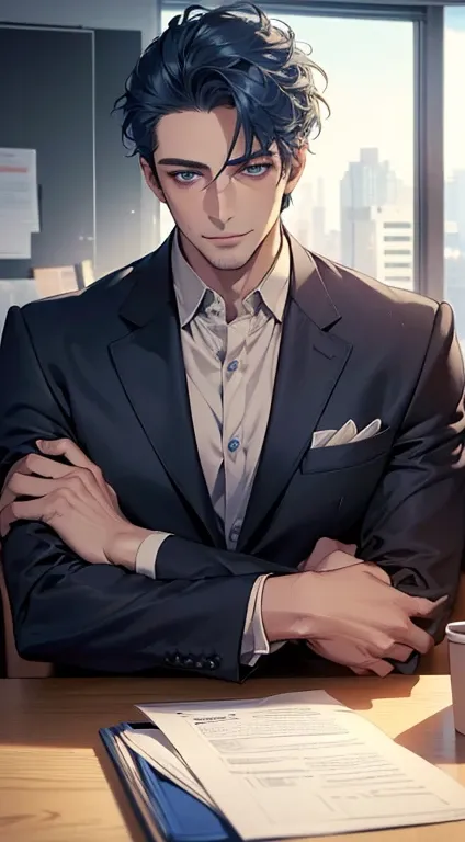 (best quality,4k,8k,highres,masterpiece:1.2),ultra-detailed,(realistic,photorealistic,photo-realistic:1.37),1 man,31 years old,mature man,very handsome,without expression,smile,short blue hair,blue eyes,penetrating gaze,perfect face without errors,imposing...