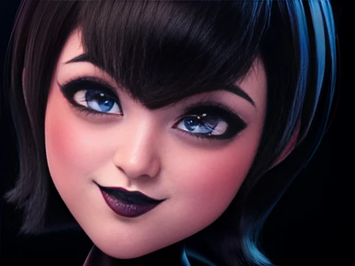 High graphic quality image, mavis dracula, (Hotel_transylvania) short black hair blue eyes white skin eyeliner , voluminous lips and black lipstick, 