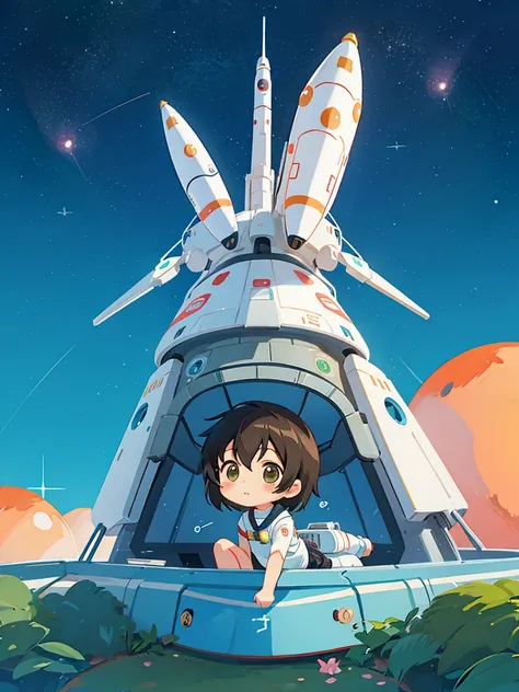 Makoto Shinkai style, Kawaii Design, The most beautiful girl of all time、chibi, (((Cute spaceship))) , Mars exploration、