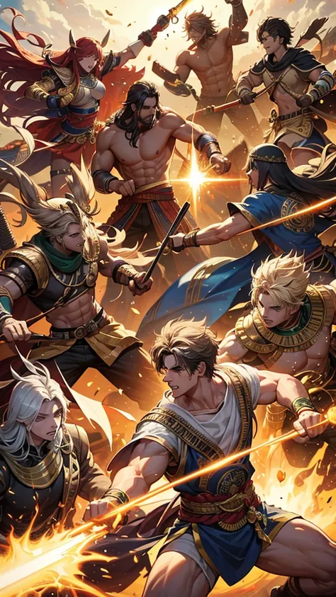 I want a fight between 7 warriors including Greek God, gentlemen, Celtic defenders and Egyptian gods showing their skills 