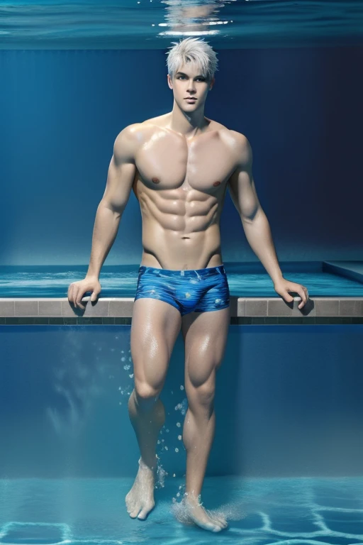 full body photorealistii handsome hunky fractal Jack Frost, in the pool, swimming  