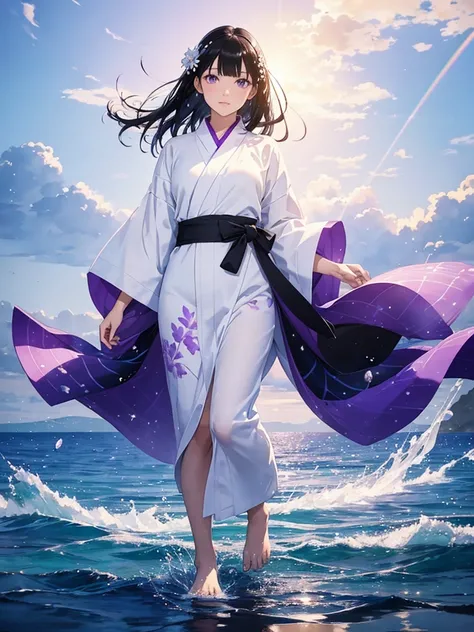 a woman with black hair and beautiful purple eyes, wearing a white yukata, walking on a transparent sea with a mirror-like beach, background with splashes of water, full-body illustration, rainbow-colored halation, sparkling wind, beautiful watercolor pain...