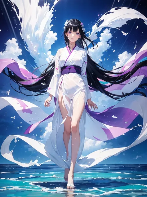 a woman with black hair and beautiful purple eyes, wearing a white yukata, walking on a transparent sea with a mirror-like beach, background with splashes of water, full-body illustration, rainbow-colored halation, sparkling wind, beautiful watercolor pain...