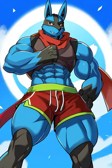 Lucario, muscular, Red scarf, Red Cap, green vest, shorts azules 