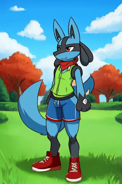 Lucario, Red scarf, Red Cap, green vest, shorts azules 