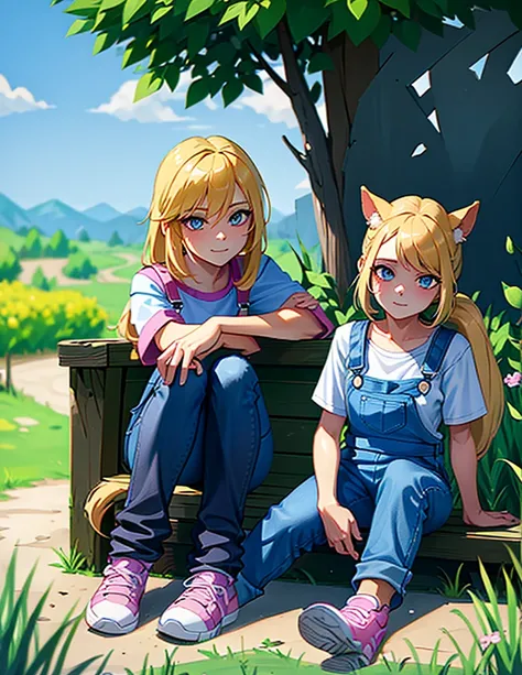 beautiful girl, long light yellow hair, Horse tail, blue eyes, White shirt, with blue overalls, pink tennis shoes, sitting, sitting al aire libre, in the countryside, happy, expresión happy,