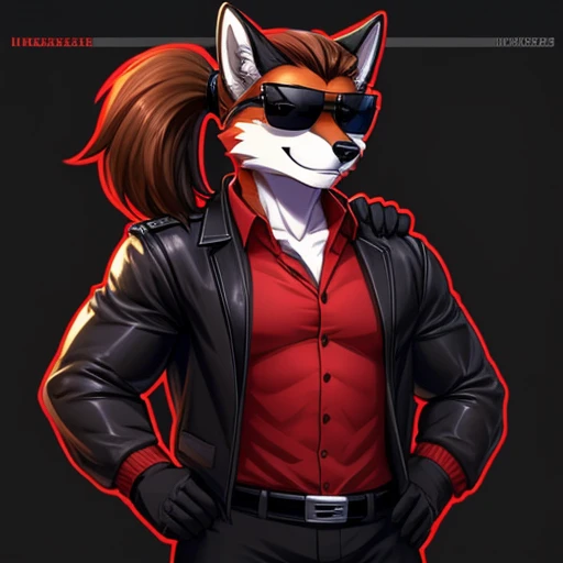 Mâle red fox(masterpiece, best quality:1.2), htjusticedef, gentle smile, looking at viewer, hands on hips, sunglasses,(black business jacket on shoulders:1.5), (red shirt:1.5), black necktie, short sleeves, red gloves, black pants, belt,brown ponytail hair...