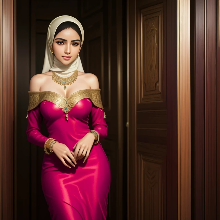 a beautiful high school aged 17 arabian girl, pale skin, sharp nose, thin lips, round face, slender hands and legs, cleavage, batik, kebaya, voluptuous breasts, off-shoulder, wearing hijab, golden bangles, bracelets, necklaces, swiss polo watch, opening do...