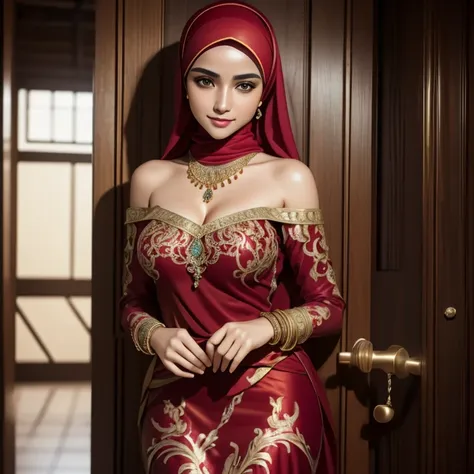 a beautiful high school aged 17 arabian girl, pale skin, sharp nose, thin lips, round face, slender hands and legs, cleavage, batik, kebaya, voluptuous breasts, off-shoulder, wearing hijab, golden bangles, bracelets, necklaces, swiss polo watch, opening do...