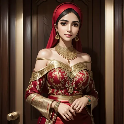 a beautiful high school aged 17 arabian girl, pale skin, sharp nose, thin lips, round face, slender hands and legs, cleavage, batik, kebaya, voluptuous breasts, off-shoulder, wearing hijab, golden bangles, bracelets, necklaces, swiss polo watch, opening do...