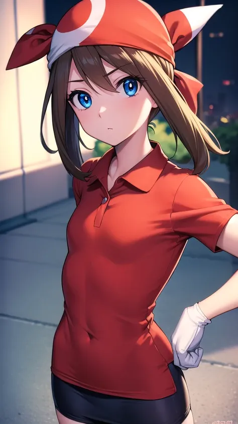 Pokemonmay, Pokemonmay, blue eyes, Brown hair, bandana, by the wide, red bandana, two tails, hair between the eyes, (small breasts:1.2),
BREAK cycling shorts, collared shirt, gloves, microSkirt, multicolored shirt, pencil Skirt, red shirt, shirt, short sle...