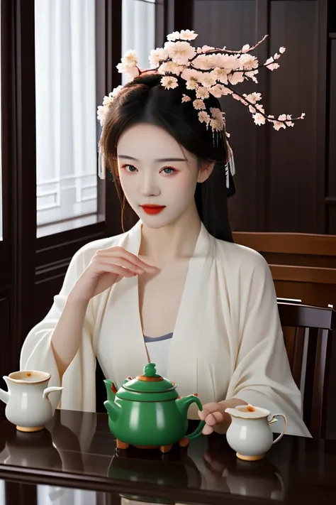 Xingxian，Apparition，Apricot blossoms on the head，Drink tea，teapot，indoor