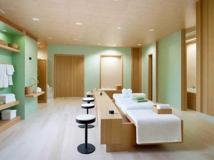 Raw photo(masterpiece) , ((best quality)),dramatic lighting, high quality, authentic,high resolution, super detail, highly detailed,Photorealistic,Clean lines, indoors, ( white bright natural oak wooden interior ) , (( spa and beauty center :1.3)), modern ...