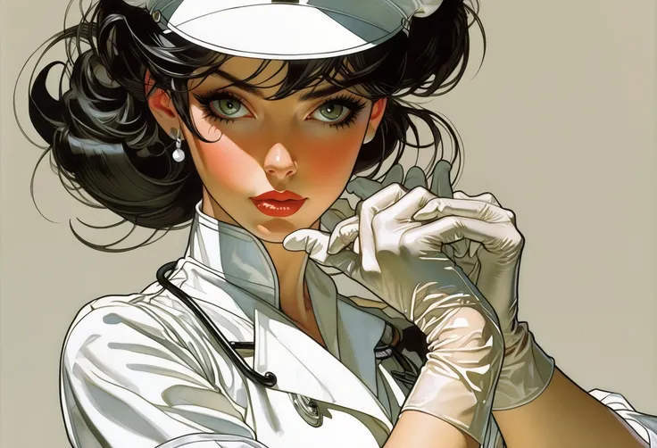 26 y.o sexy nurse, putting on rubber gloves, detailed eyes, natural skin, hard shadow. Style by J.C. Leyendecker. Style by Masamune Shirow