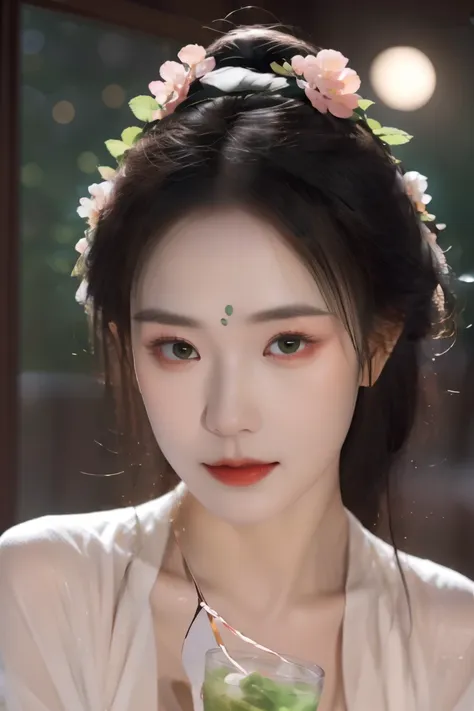 avatar，Face，Xingxian，Apparition，apricot，Apricot blossoms on the head，Branches，Green makeup jadeite，Dan face Sai rouge。The starry eye is still bright，The moth eyebrows are beautiful and aligned。Drink tea，indoor