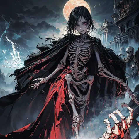 best quality, 4K, high resolution, masterpiece, Very detailed, Mood lighting, A black hair undead girl in a long cape, Whole body including hands & arms & legs & feet are all skeleton bones but except the head is still beautiful human face, Wearing a ragge...