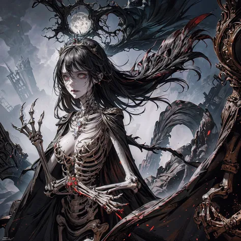 best quality, 4K, high resolution, masterpiece, Very detailed, Mood lighting, A black hair undead girl in a long cape, Whole body including hands & arms & legs & feet are all skeleton bones but except the head is still beautiful human face, Wearing a ragge...