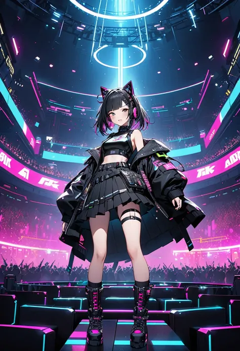 ((8k)), Highest quality, 超High resolution, (High resolution), 猫がcyber punkの服を着ている, cyber punk, cyber punk rink, Loud cheers from the audience
