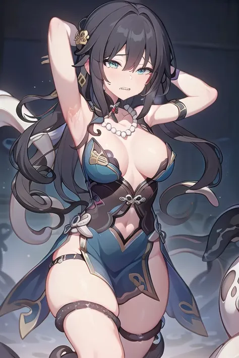 ((many tentacles)),masterpiece,Highest quality,Luan Mei,Luan Mei_formal,chinese だress,chest,Long Hair,Hair between the eyes,Black Hair,bangs,hair ornaments,Thigh straps,gloves,jewelry,dress,Earrings,bare shoulだers,blue だress,Hair Intake,ruby ​​necklace,Bla...